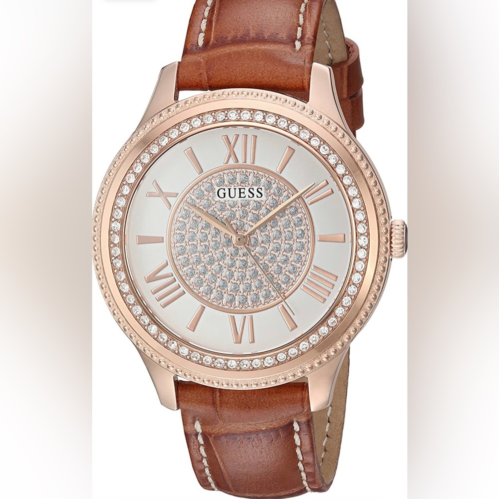 Dressy Rose Gold-Tone Watch with White Dial, Crystal-Accent Bezel